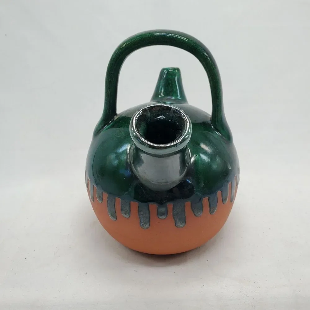 French Clay Terracotta Green Drip Glazed Gargoulette Pottery 10 x 7 liquor Jug..